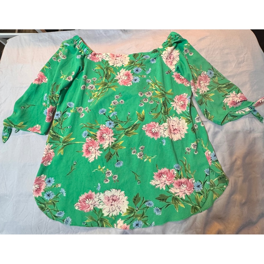 Status by Chenault Green Floral Off Shoulder Blouse XL Pink Peony Tie Sleeve